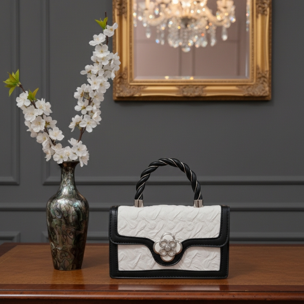 Chic Black/White Textures Floral Mini Crossbody Top Handle Bag w/Twilly - Picture 3 of 13